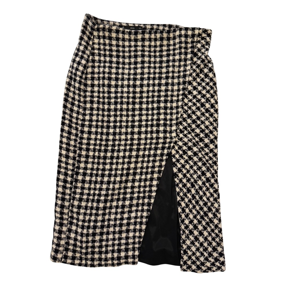 Mango MNG Gingham Check Tweed Midi Skirt Black White Slit XL